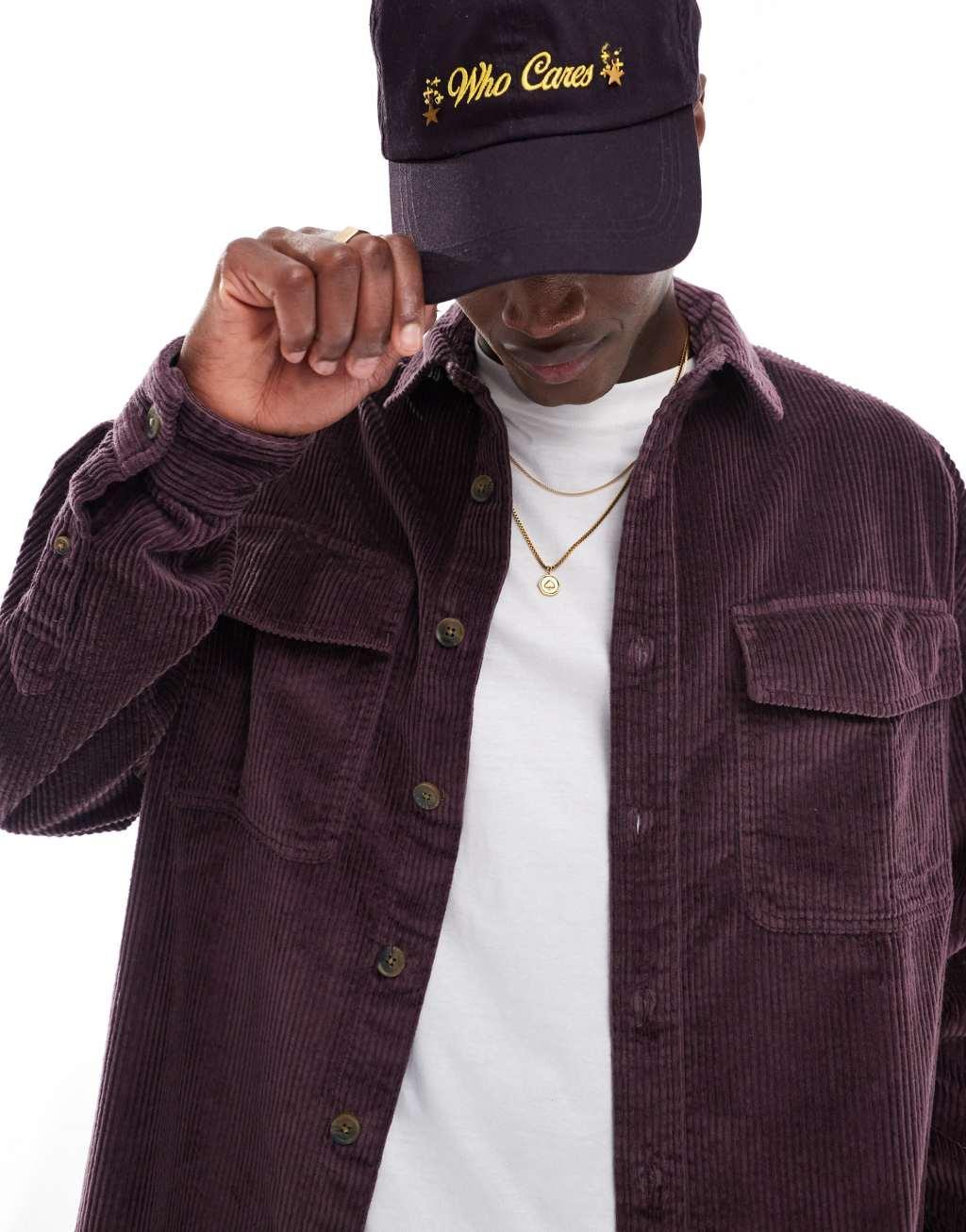 ASOS DESIGN 90s oversized cord shirt with patch pocket in dark plum Product Image