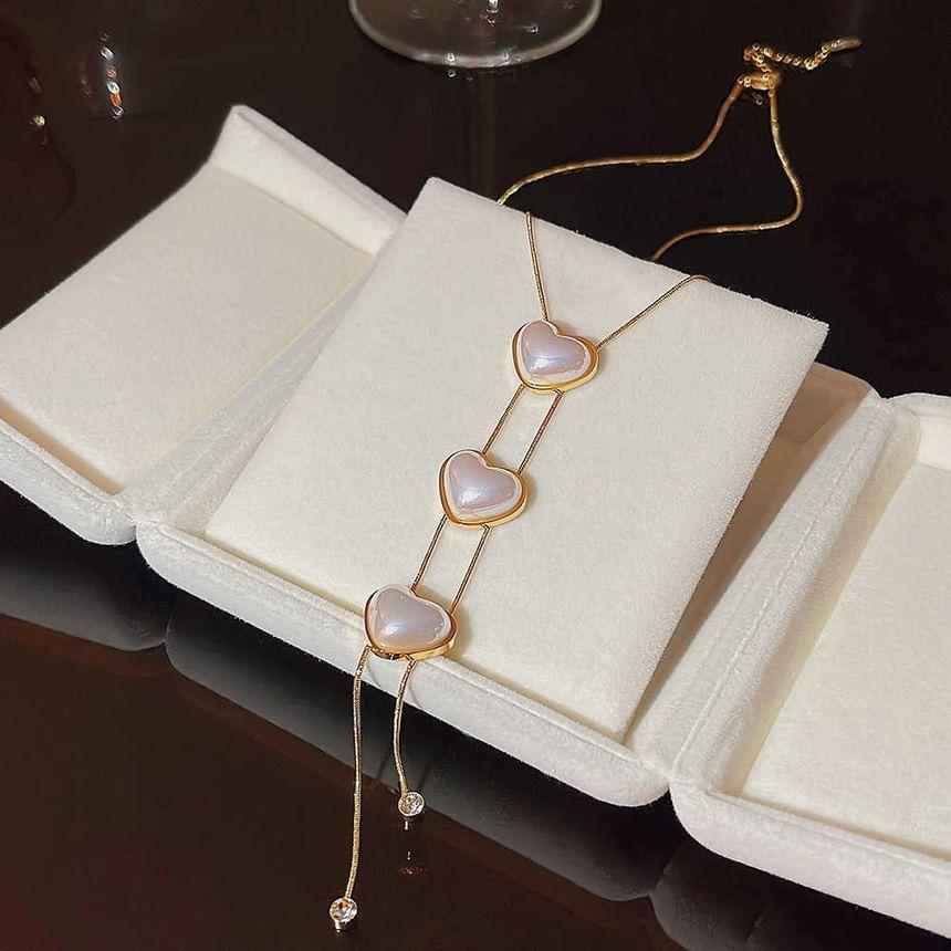 CZ Heart Faux Pearl Lariat Necklace Product Image