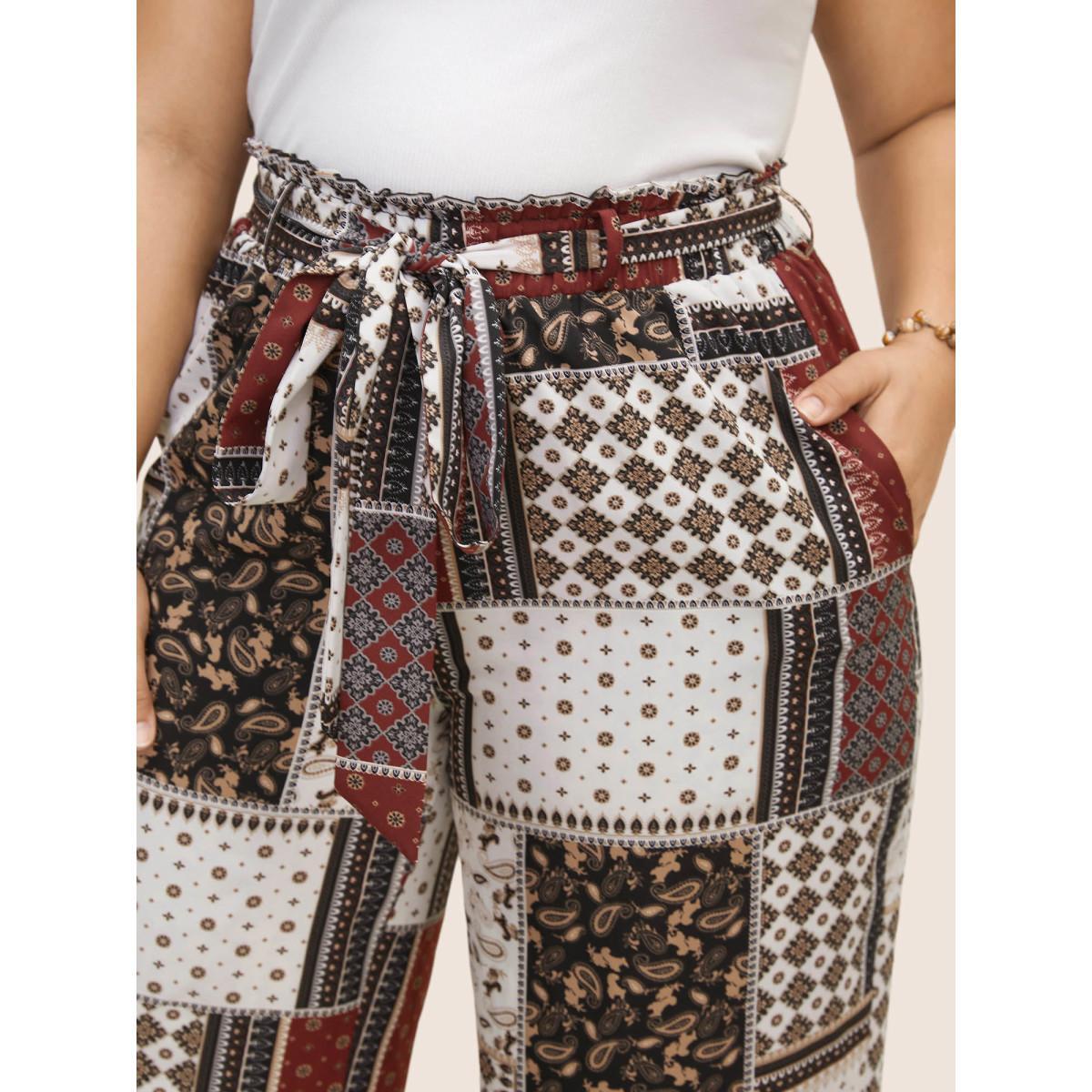 Plus Size Patchwork Floral Belted Wide Leg Pants Women Deepred Resort Wide Leg High Rise Vacation Pants BloomChic 14-16/1X Product Image