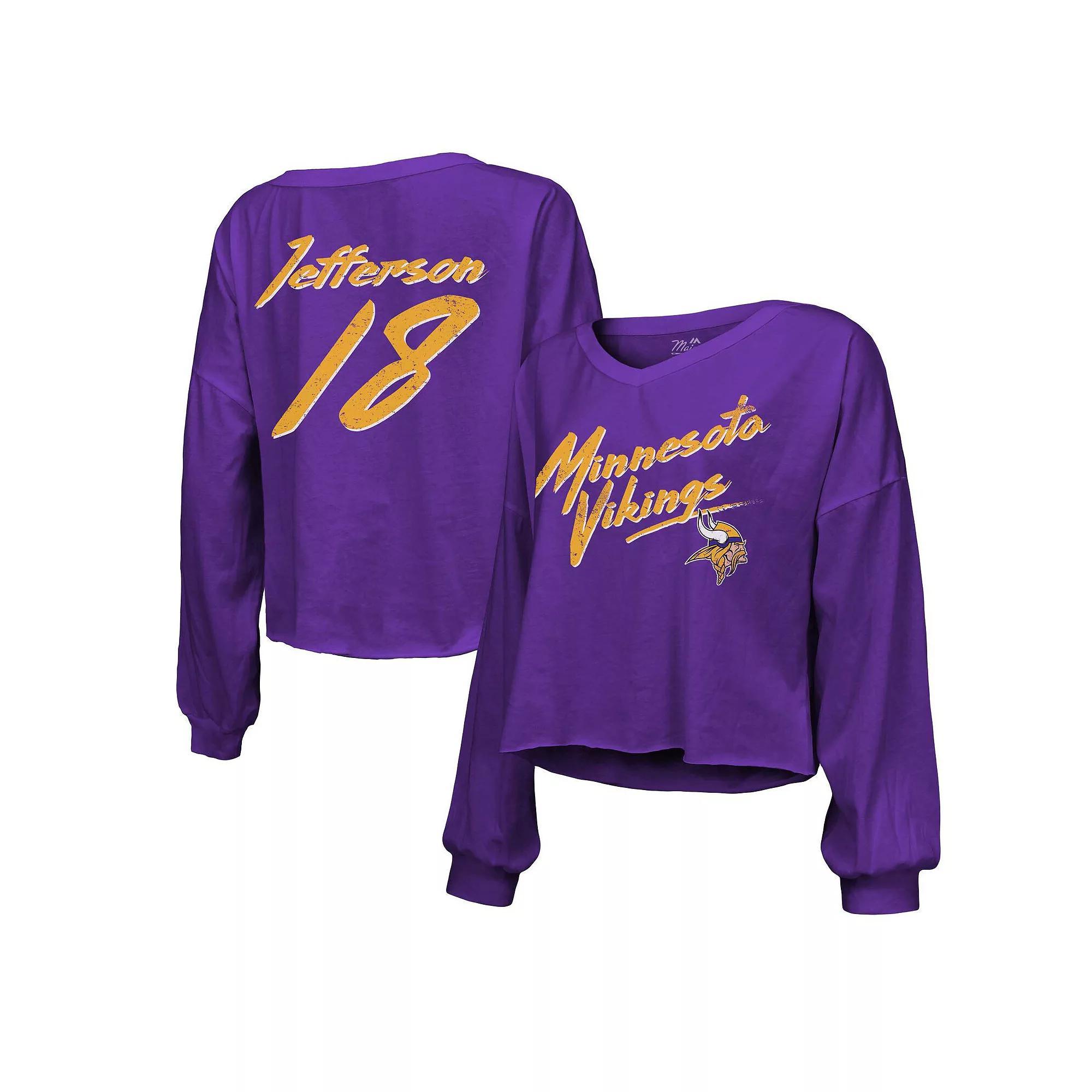 Women's Majestic Threads Justin Jefferson Purple Minnesota Vikings Name & Number Off-Shoulder Script Cropped Long Sleeve V-Neck T-Shirt, Size: Large Product Image