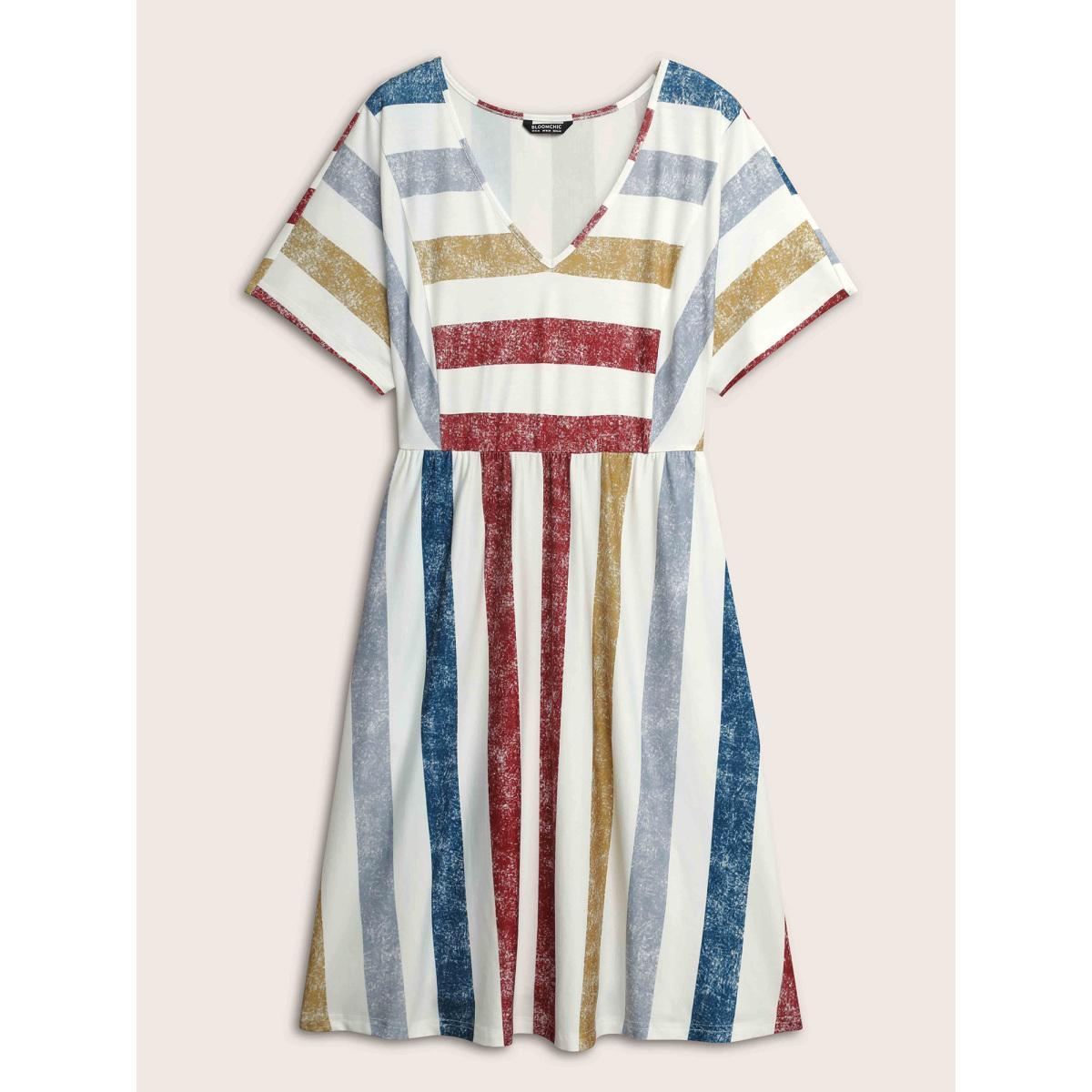 Plus Size Color Striped Pocket Batwing Sleeve Dress Multicolor Women Casual Non V-neck Short sleeve Curvy Midi Dress BloomChic 26/4X Product Image