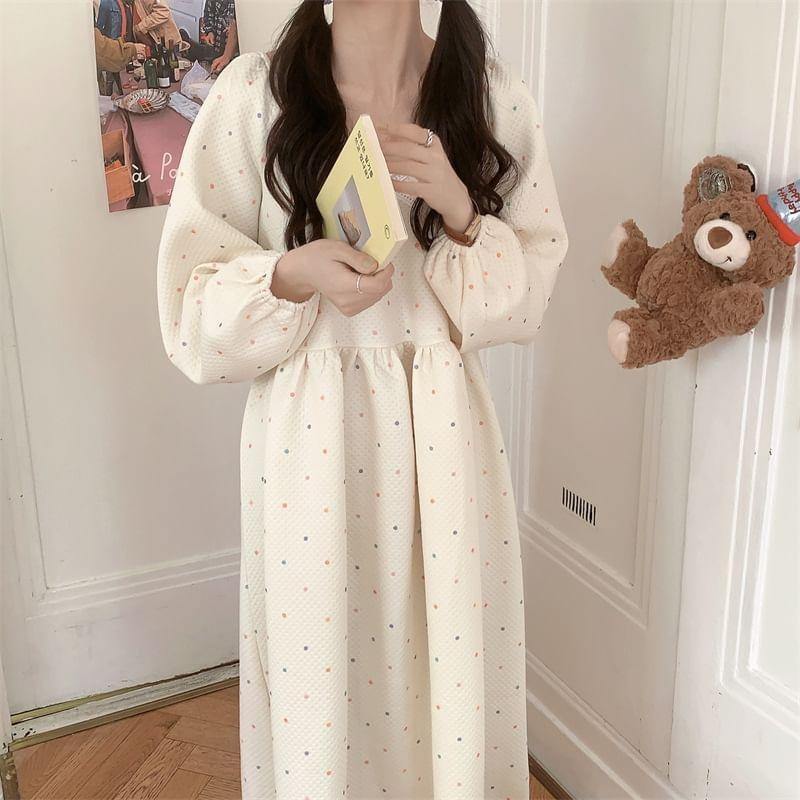 Puff-Sleeve Dotted Lace Trim Pajama Dress Product Image