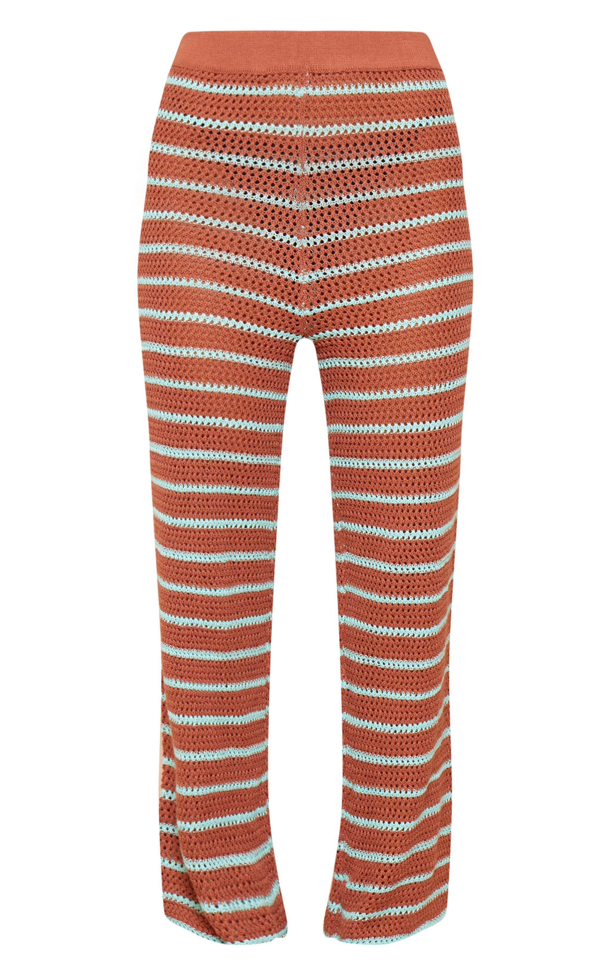 Mocha Stripe Crochet Knit Wide Leg Pants Product Image