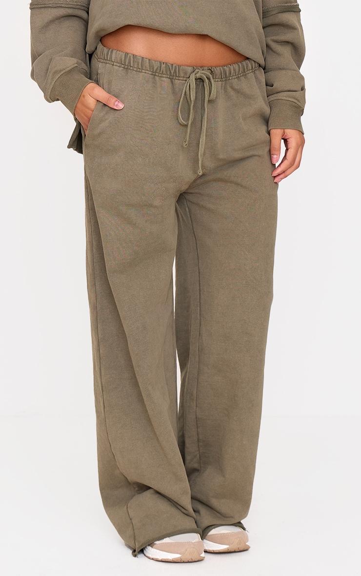 Khaki Washed Embossed Thin Waistband Wide Leg Sweatpants Product Image