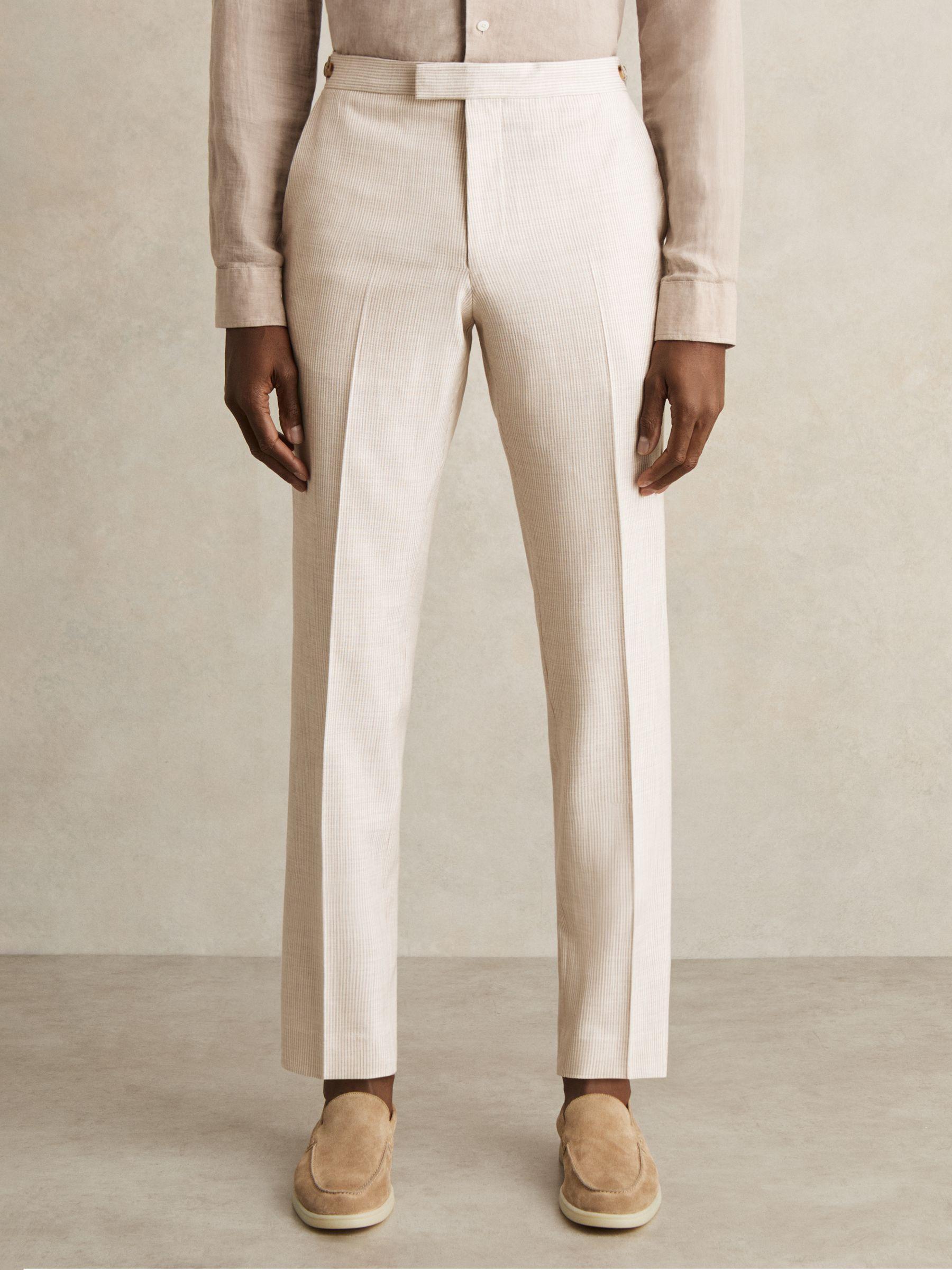 Slim-Fit Pinstripe Suit Trousers in Oatmeal/White Product Image