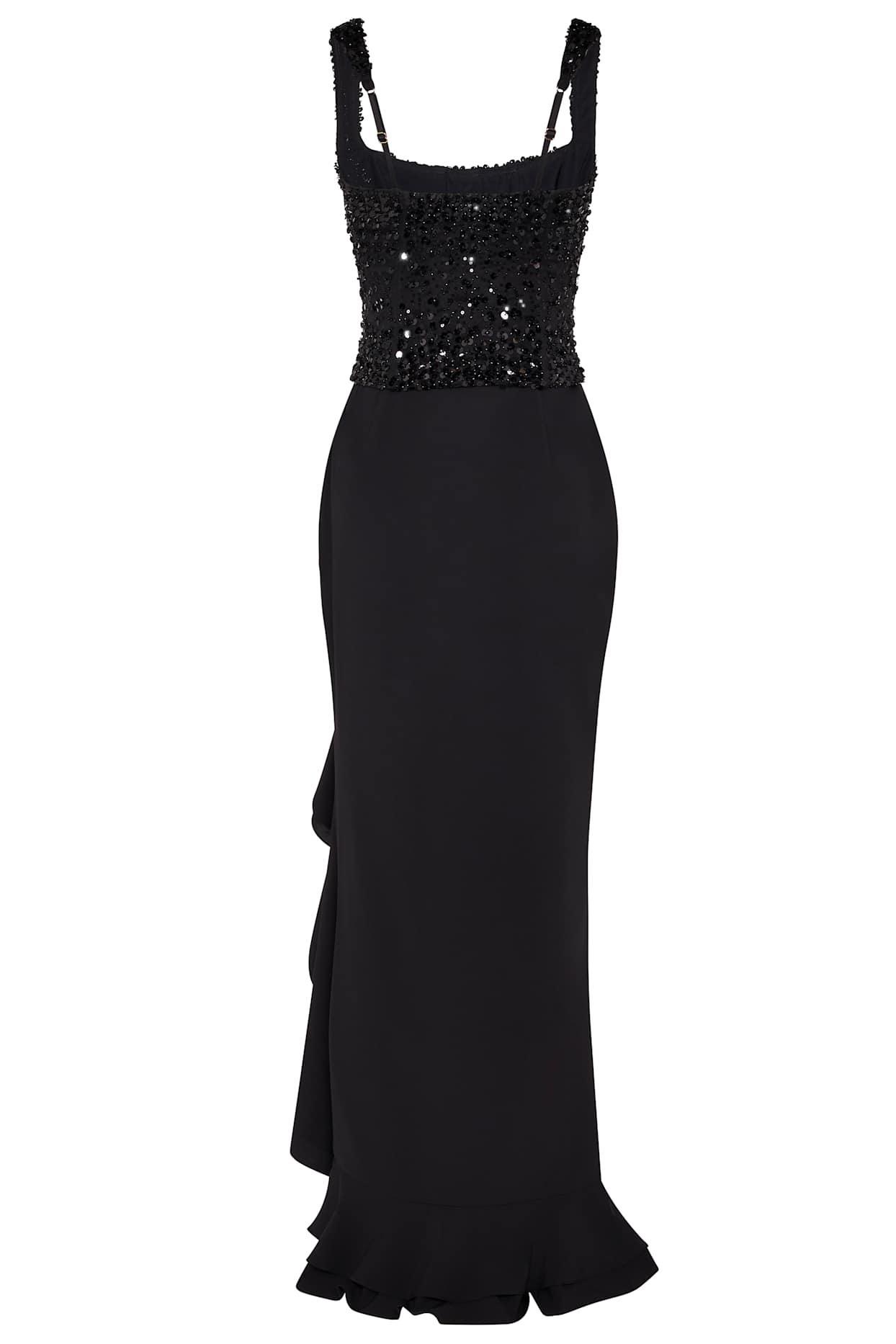Embellished Ruffle-Trim Corset Gown in Black Product Image