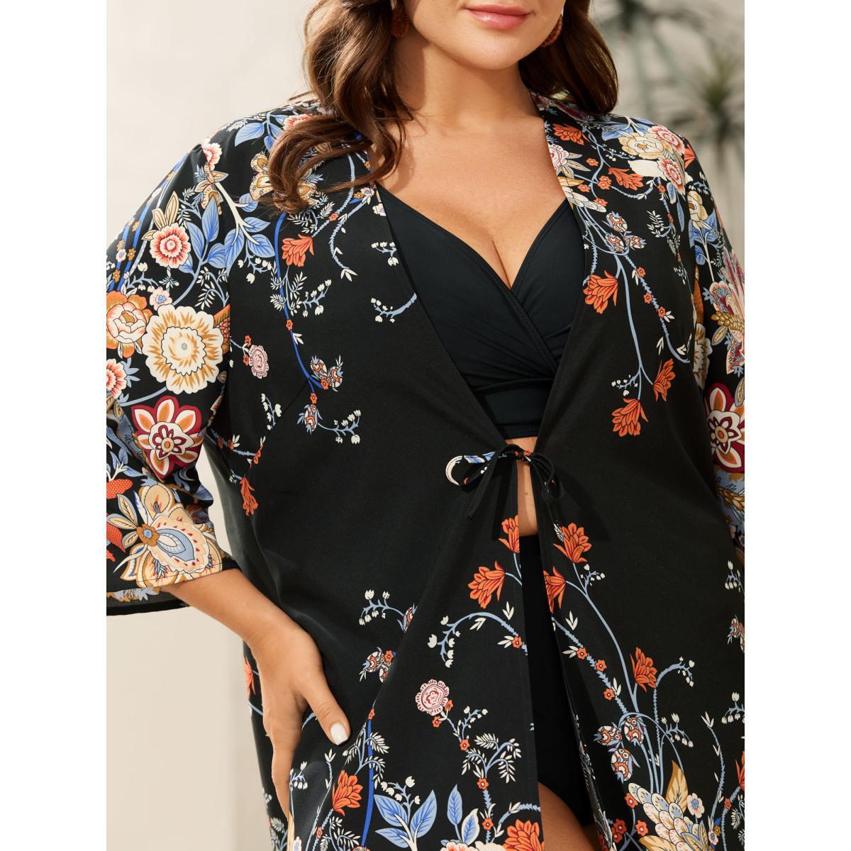 Plus Size Romantic Floral Print Vacation Kimono Cardigan Women Black Resort Tie knot Loose Vacation Kimonos BloomChic 28/5X Product Image