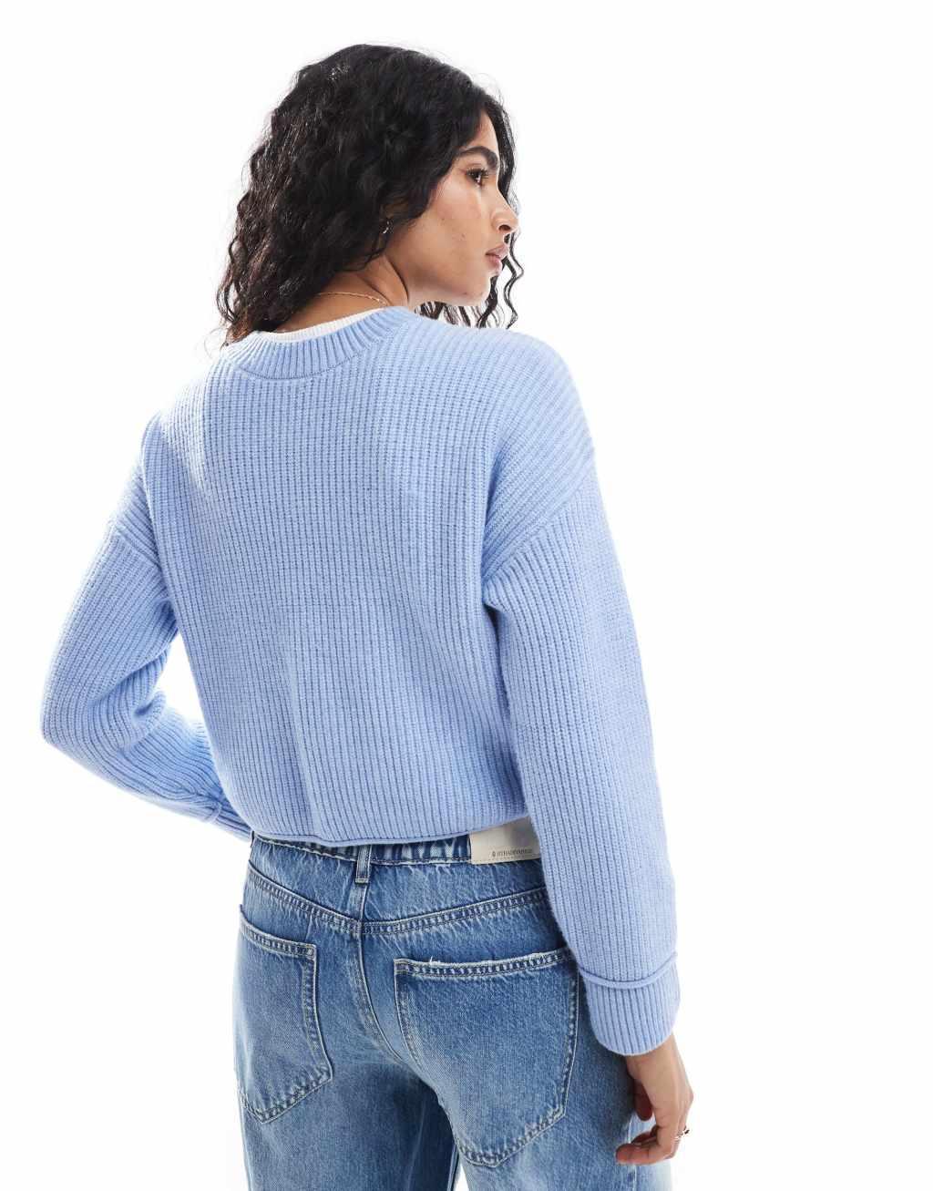 Pull&Bear ribbed seam detail knitted sweater in light blue Product Image