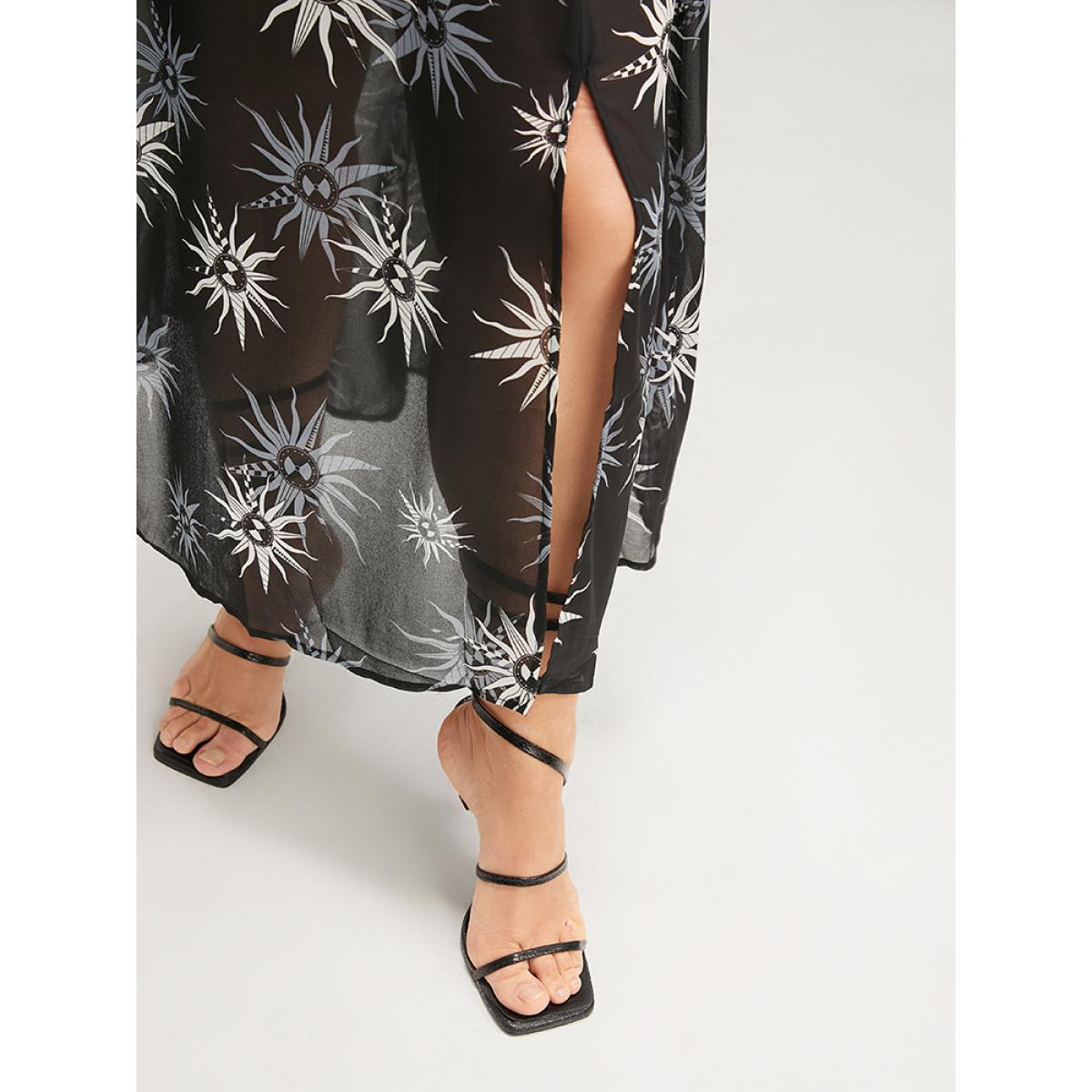 Plus Size Halloween Sun Print Bell Sleeve Mesh Split Dress Black Women Party Gathered V-neck Long Sleeve Curvy Midi Dress BloomChic 14-16/1X Product Image