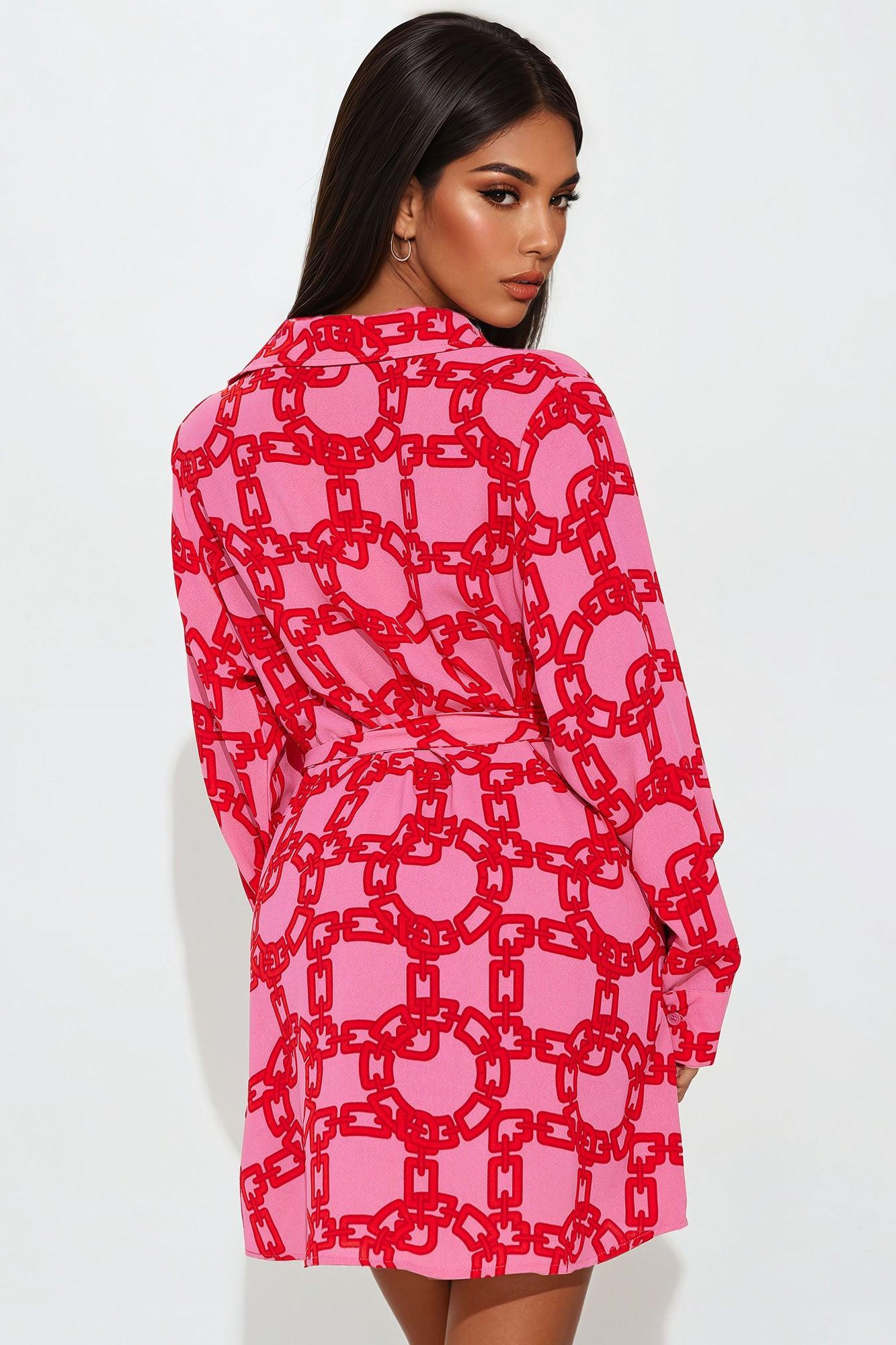 Anabelle Belted Mini Shirt Dress - Pink/combo Product Image