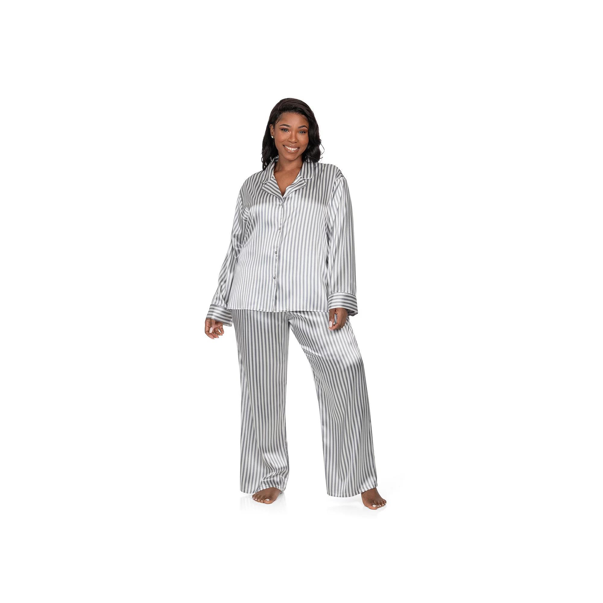 Plus Size Lilac+London Satin Notch Collar Pajama Top & Pajama Bottoms Set, Women's, Size: 1XL, Ivory Grey Product Image