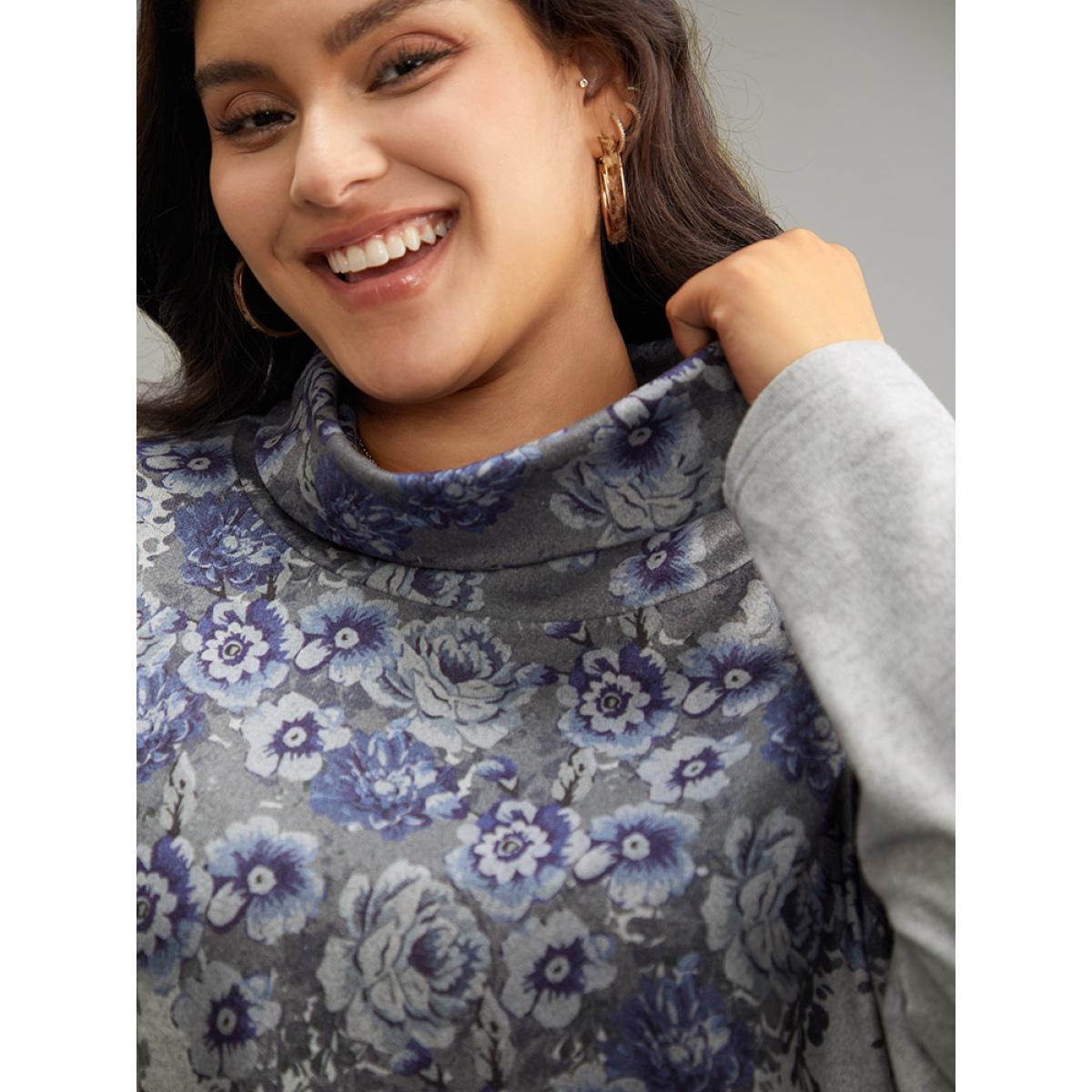 Plus Size Boho Print Mock Neck T-shirt Gray Women Casual Plain Floral Mock Neck Dailywear T-shirts BloomChic 14-16/1X Product Image