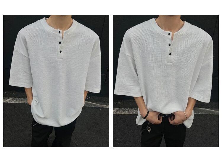 Short Sleeve Henley Plain Waffle T-Shirt Product Image