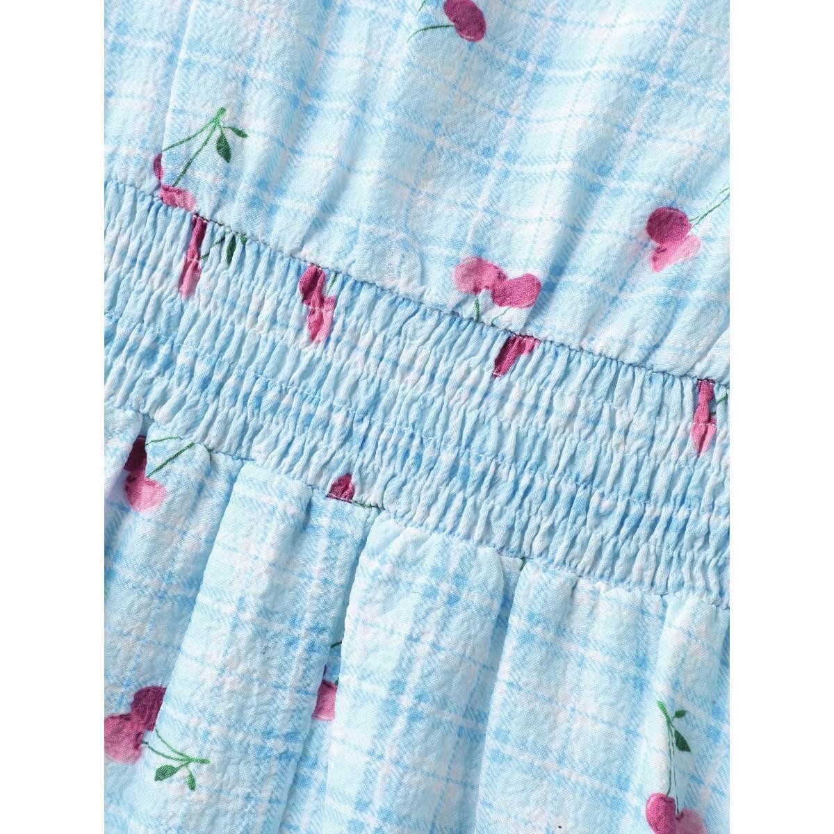 Plus Size Cherry Gingham Print Shirred Midi Dress LightBlue Women Square Neck Short sleeve Curvy BloomChic 18-20/2X Product Image