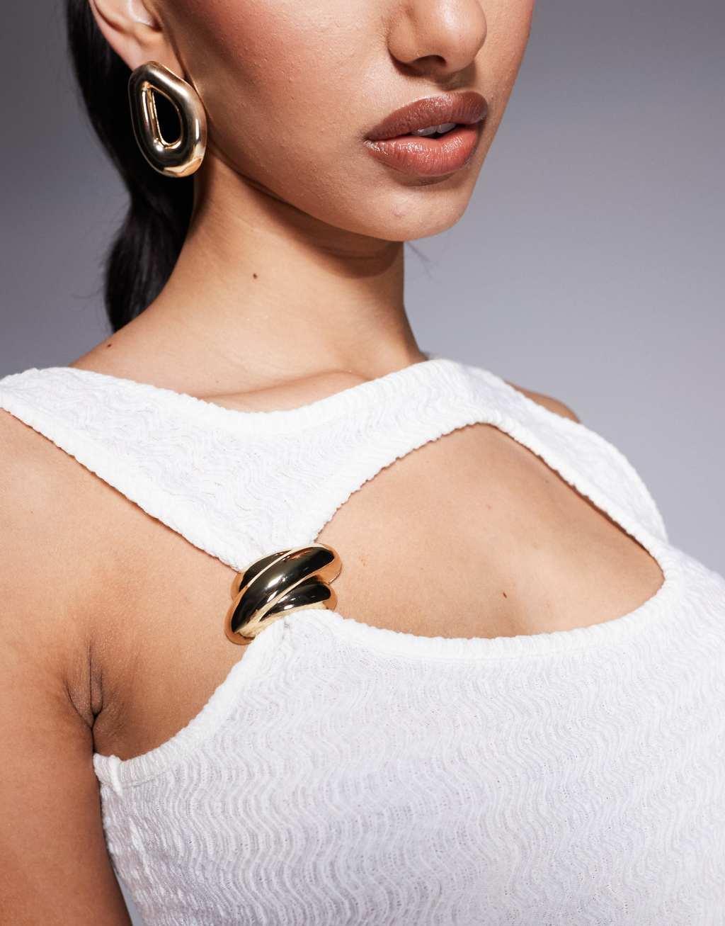 ASOS DESIGN textured tank with gold trim detail in ivory Product Image