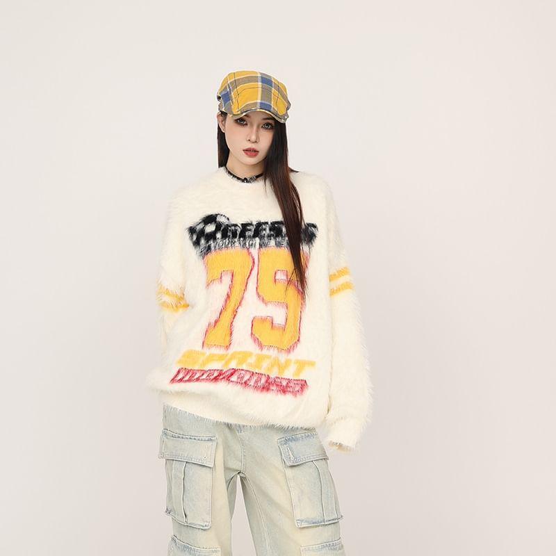 Long-Sleeve Crew Neck Numbering Sweater Product Image