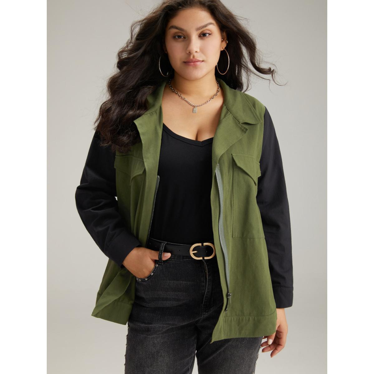 Plus Size Contrast Lapel Collar Pocket Zipper Fly Coat Women Green Casual Contrast Ladies Dailywear Winter Coats BloomChic 18-20/2X Product Image