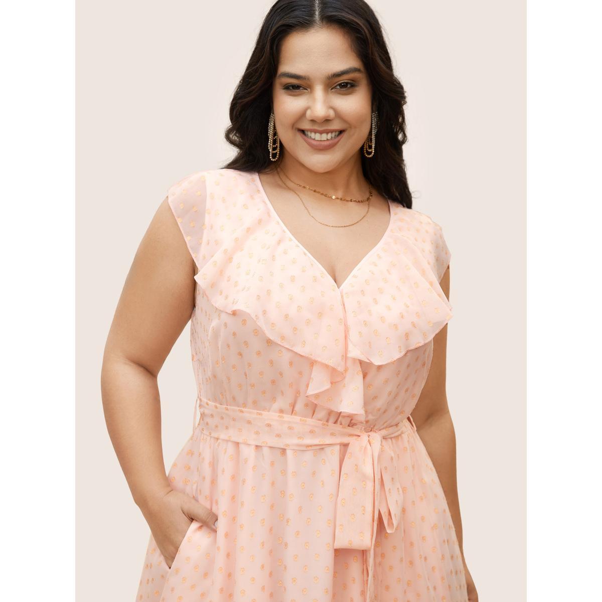Plus Size Polka Dot Ruffles Belted Sleeveless Dress MistyRose Women Formal Belted V-neck Sleeveless Curvy BloomChic 28/5X Product Image