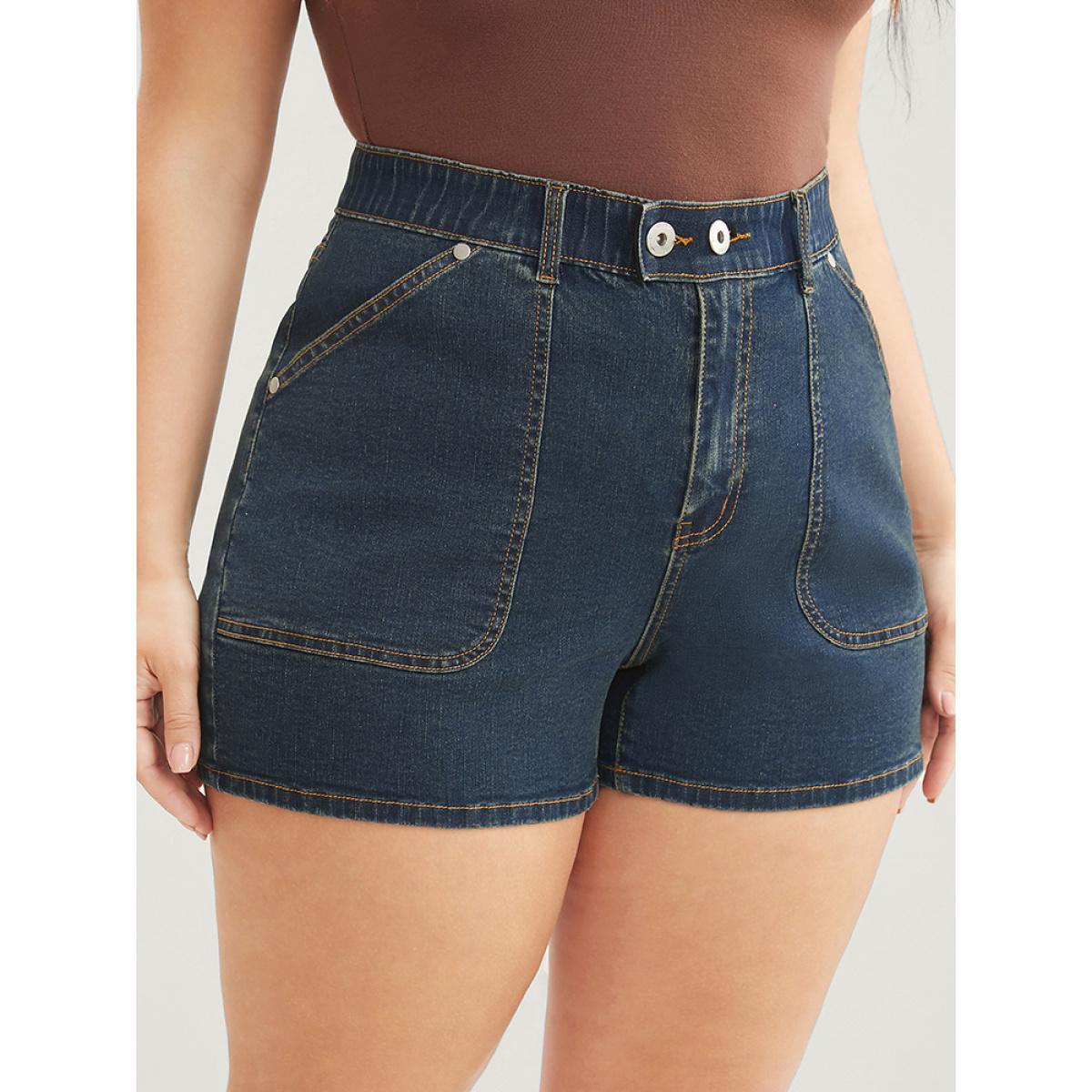 Plus Size Very Stretchy Dark Wash Pocket Denim Shorts Women Indigo Casual Plain High stretch Pocket Jeans BloomChic 30/6X Product Image