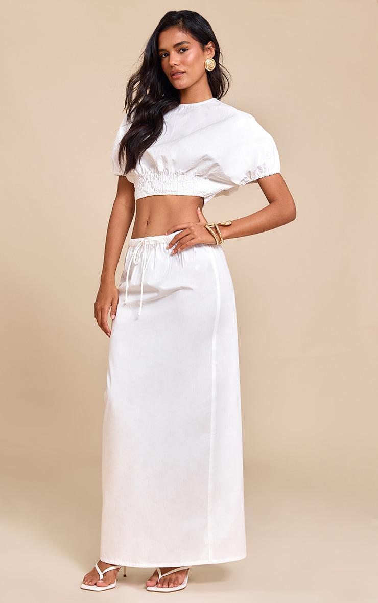 White Cotton Drawstring Tie Maxi Skirt Product Image