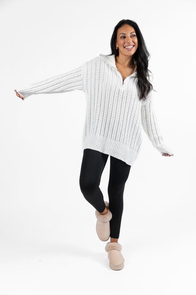 Forever Yours White Cable Knit Chenille Quarter Zip Sweater FINAL SALE Product Image