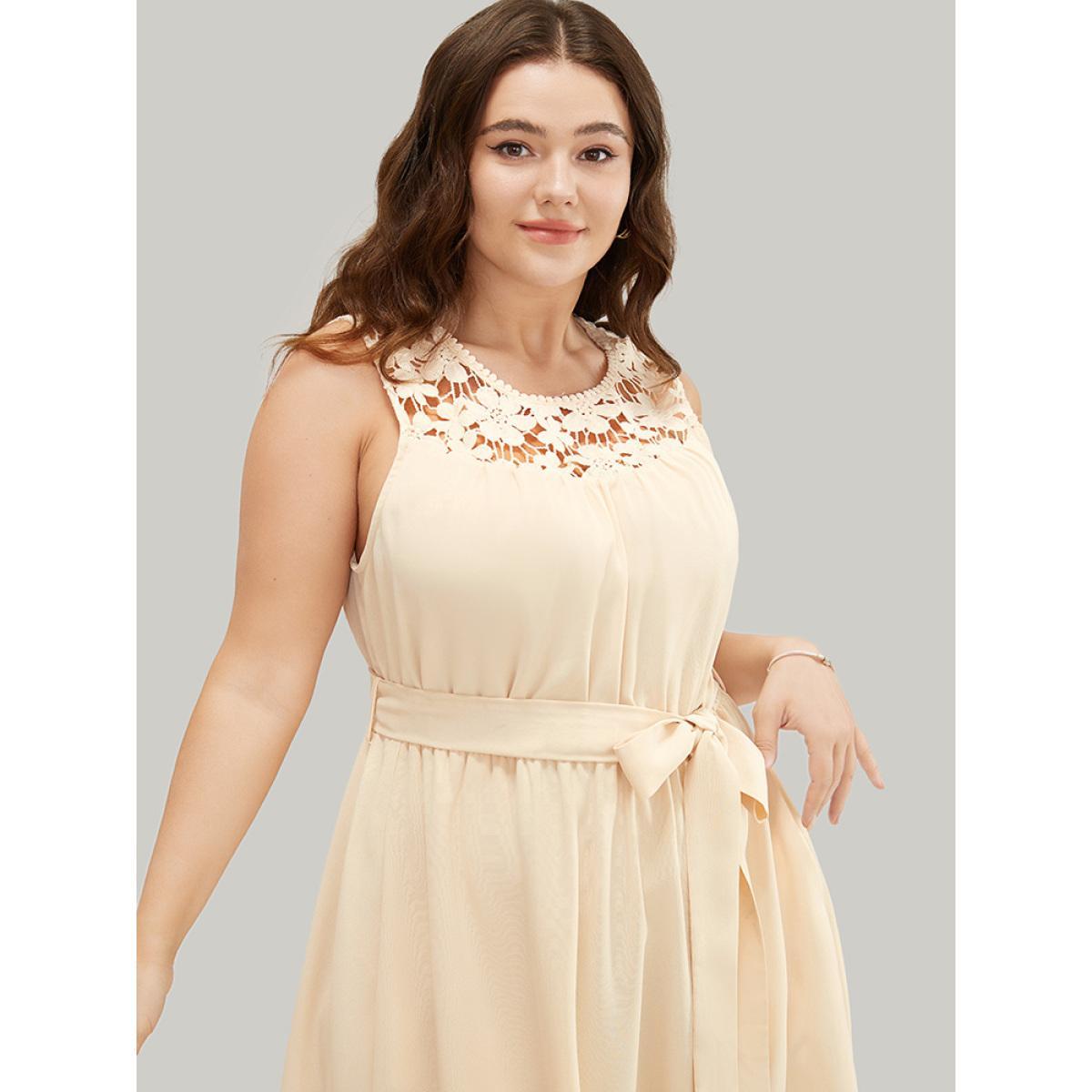Plus Size Plain Contrast Lace Keyhole Belted Pocket Pompom Trim Tank Dress Beige Women Elegant Lined Round Neck Sleeveless Curvy Midi Dress BloomChic 22-24/3X Product Image