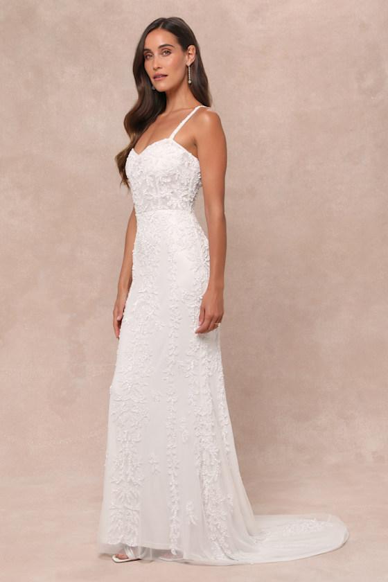 Momentous Love White Beaded Bustier Mesh Mermaid Maxi Dress Product Image