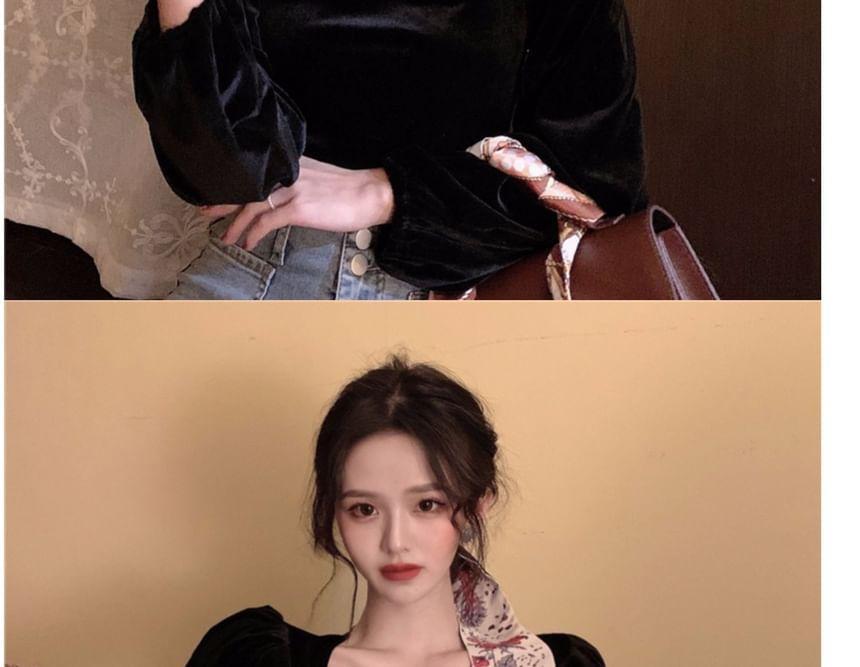 Long-Sleeve Square Neck Plain Velvet Slim Fit Top Product Image