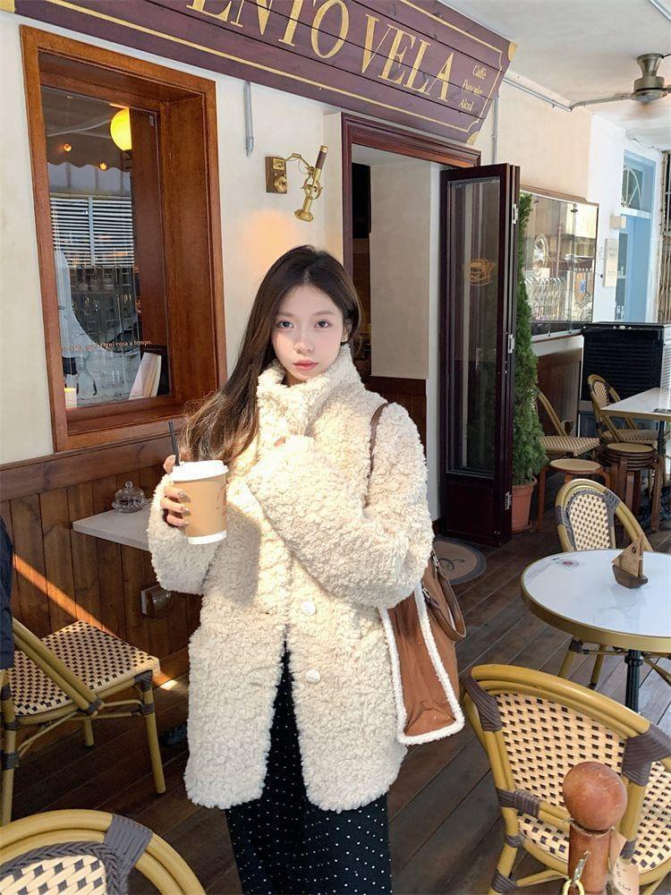 Stand Collar Plain Button-Up Fleece Jacket / High Waist Dotted Wide Leg Pants Product Image