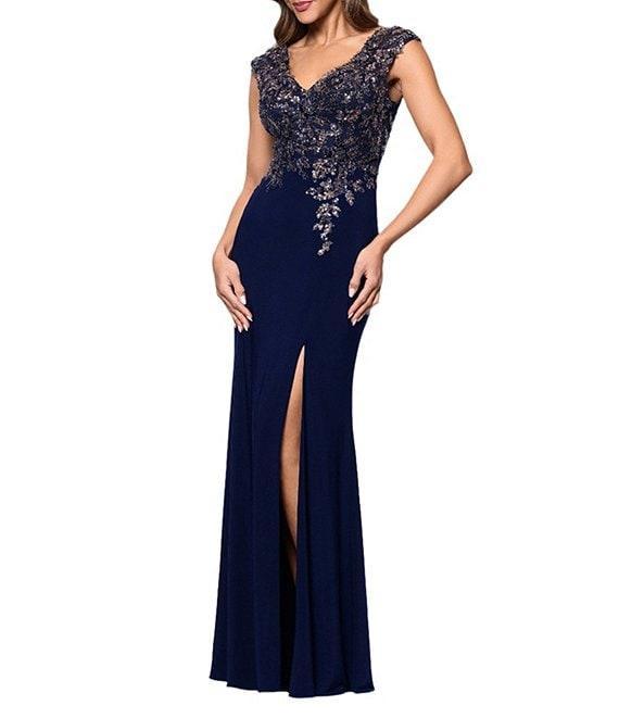 Xscape V-Neck Bead Bodice Front Slit Knit Jersey Sheath Gown Product Image