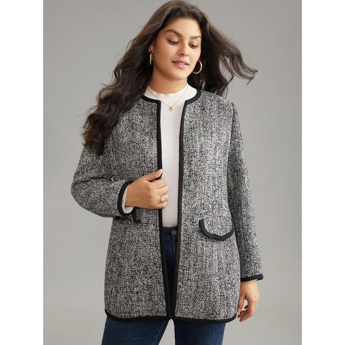 Plus Size Tweed Flap Pocket Open Front Contrast Trim Blazer Black Women Dailywear Plain Texture Sleeve Long Sleeve Open Front 22-24/3X Pocket Casual Blazers BloomChic Product Image