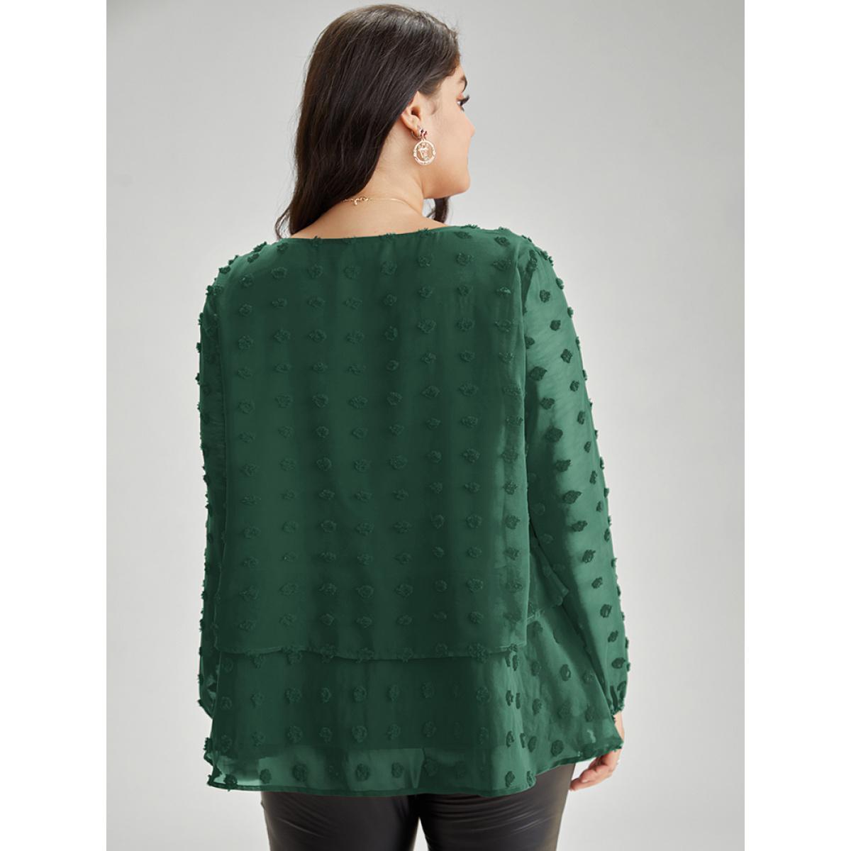 Plus Size Scarlet Solid Textured Lantern Sleeve Tiered Hem Blouse Women Elegant Long Sleeve Round Neck Everyday Blouses BloomChic 10/M Product Image