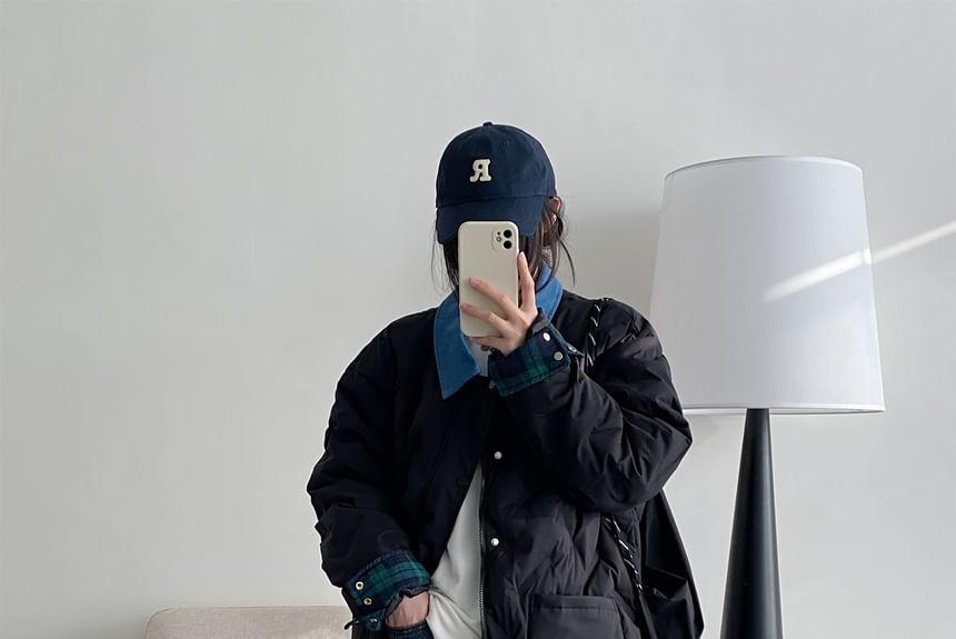 Collared Plaid Panel Button Down Puffer Jacket Product Image