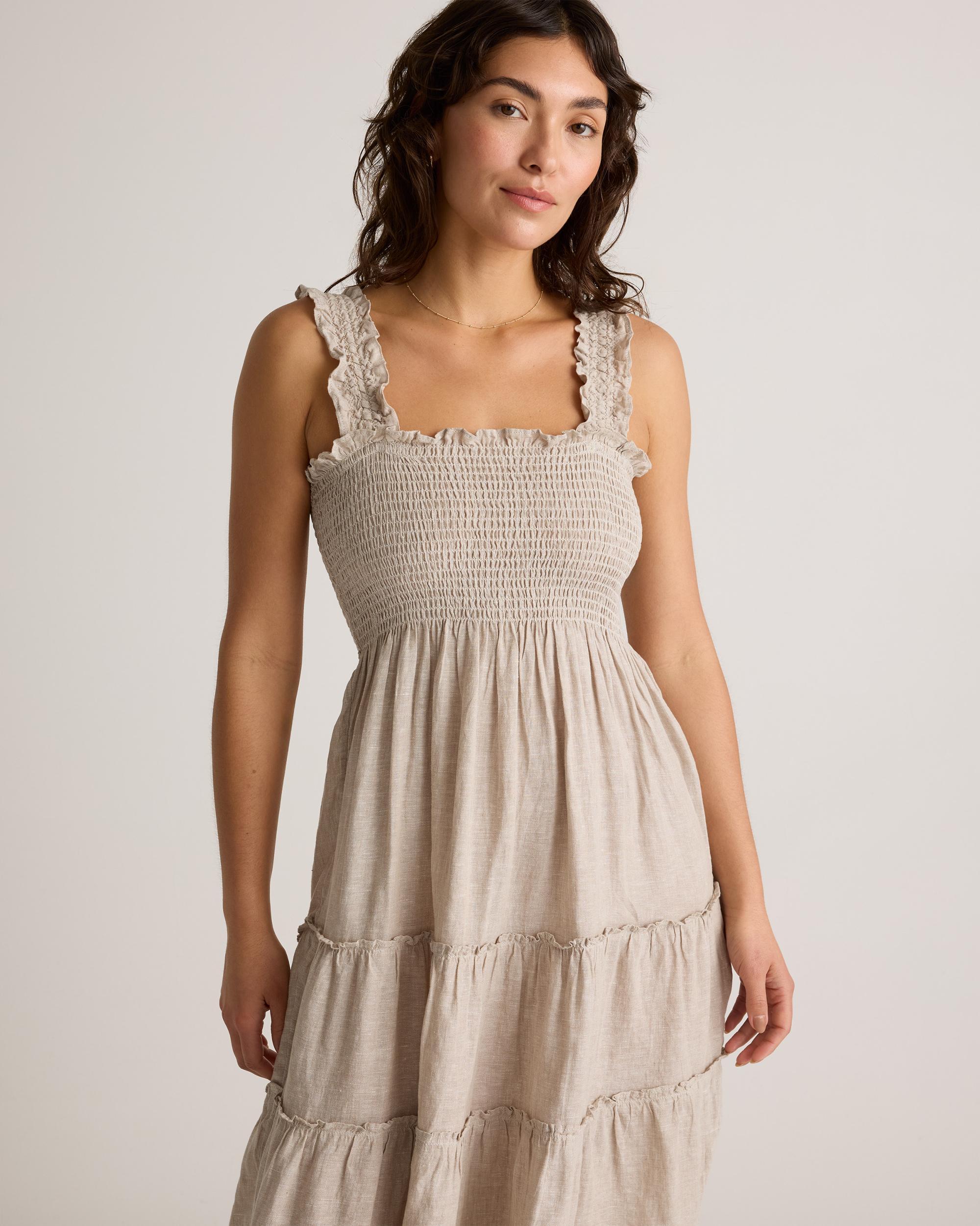 100% European Linen Smocked Midi Dress Product Image