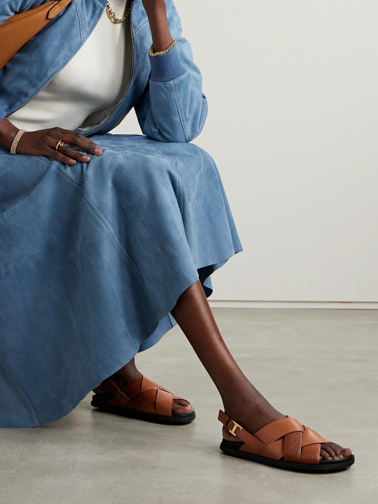 TOD'S Textured And Smooth Leather Sandals In Brown Product Image