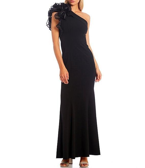 Aidan Mattox Organza Ruffle One-Shoulder Sleeveless Long Column Gown Product Image