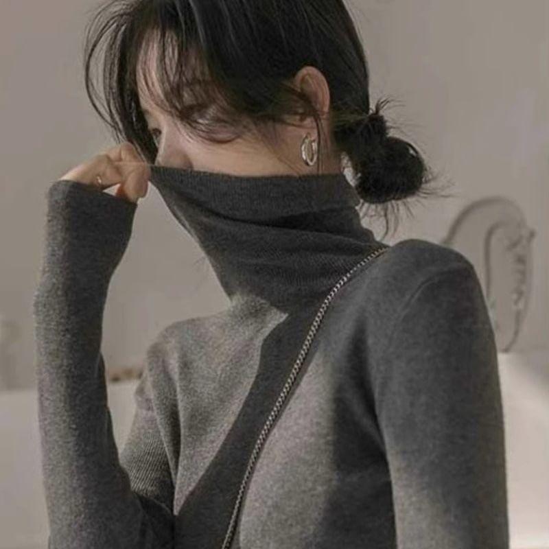 Long-Sleeve Turtleneck Plain Knit Top Product Image