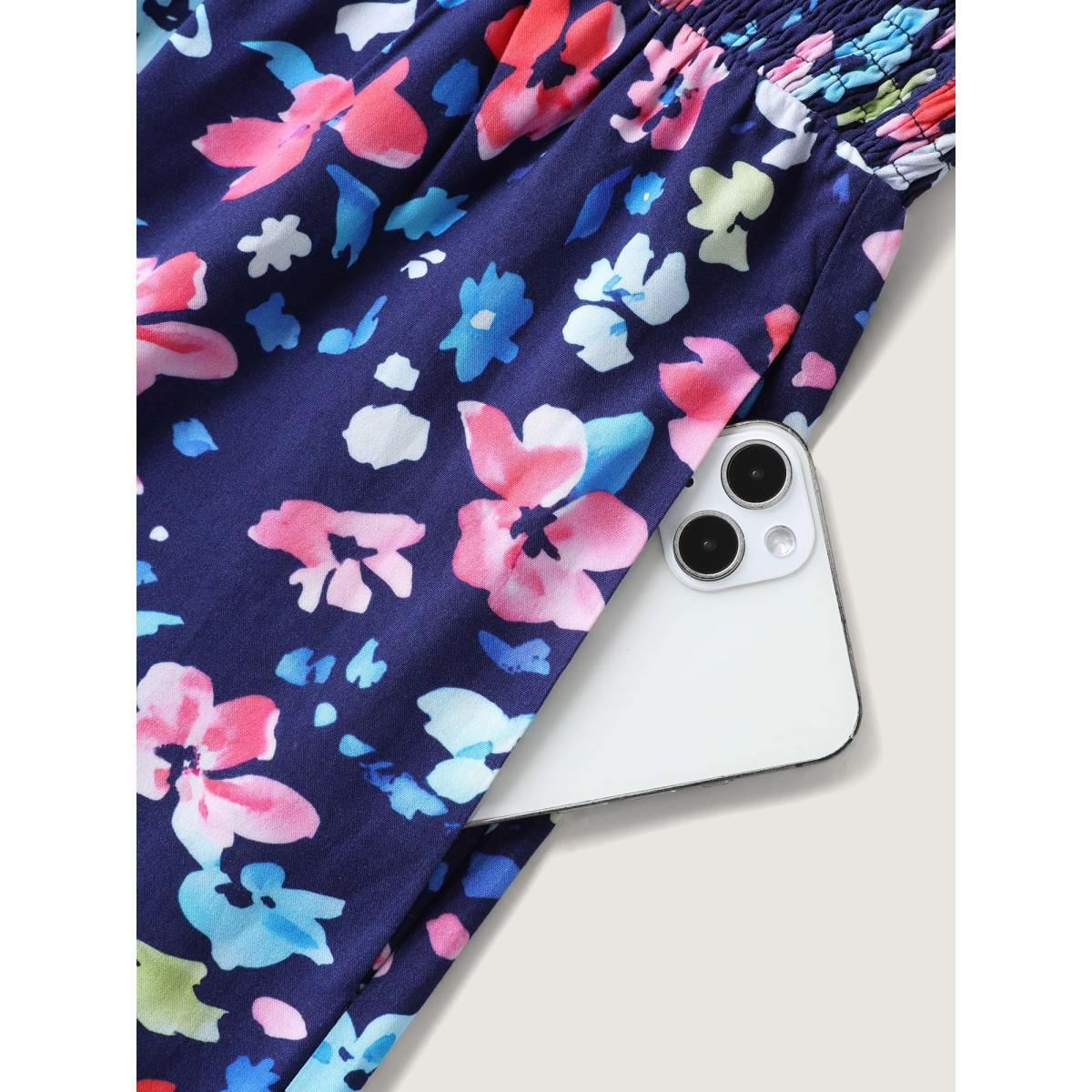 Plus Size DarkBlue Floral Color Contrast Shirred Jumpsuit Women Sleeveless Round Neck Vacation Loose Jumpsuits BloomChic 26/4X Product Image