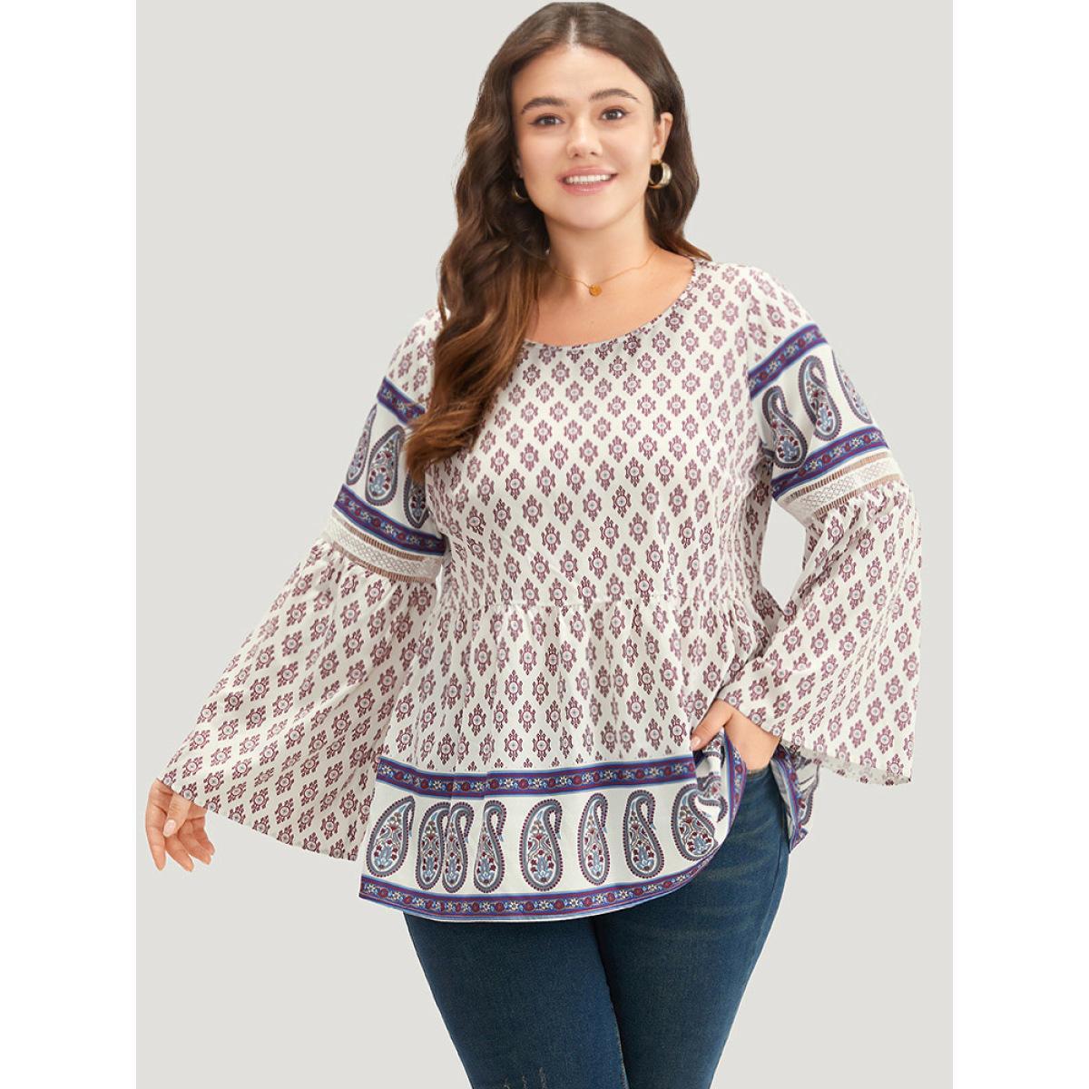 Plus Size Beige Boho Print Patchwork Lace Crew Neck Flutter Sleeve Blouse Women Vacation Long Sleeve Round Neck Vacation Blouses BloomChic 28/5X Product Image