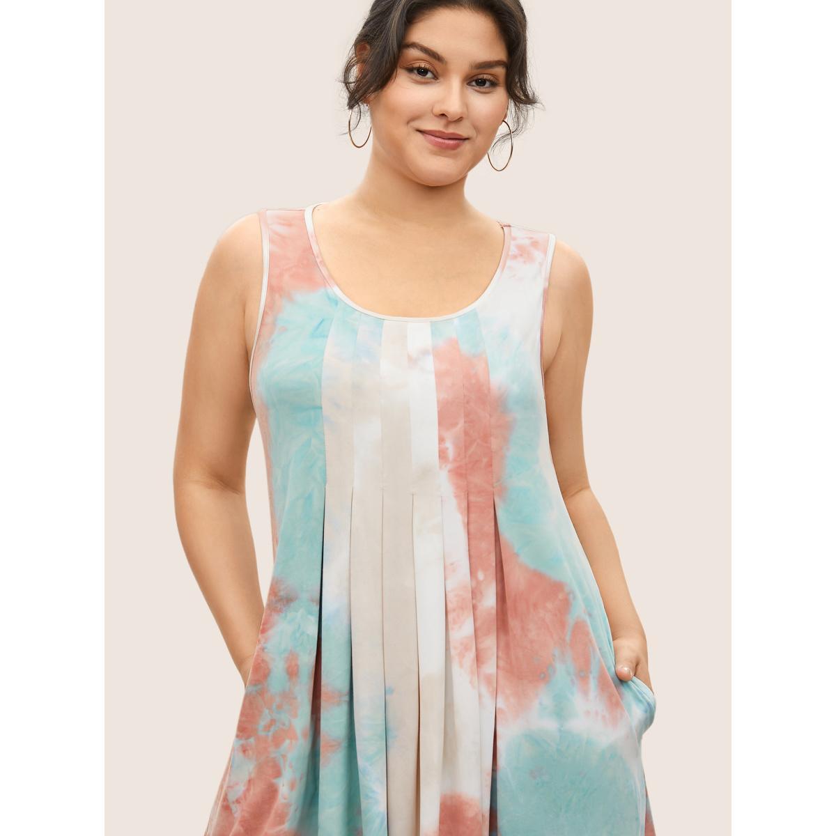 Plus Size Tie Dye Pleated Sleeveless Pocket Dress Multicolor Women Casual Pleated Round Neck Sleeveless Curvy Midi Dress BloomChic 10/M Product Image