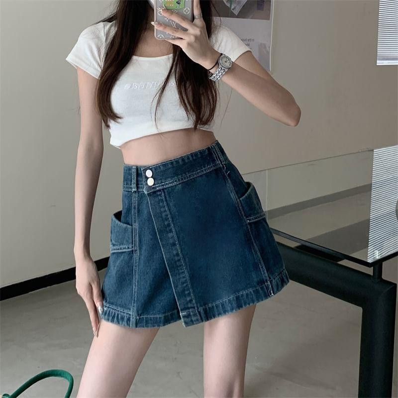 High Waist Asymmetrical Washed Denim Skort Product Image