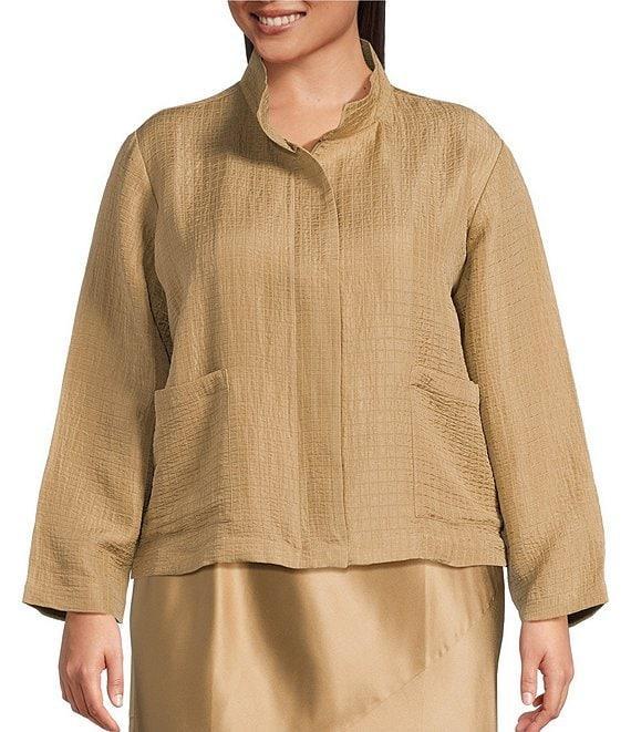 Eileen Fisher Plus Silk Linen Stand Collar Long Sleeve Box Jacket Product Image