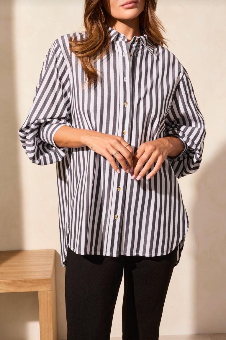 Long Sleeve Stripe Button Up- Black/White Product Image