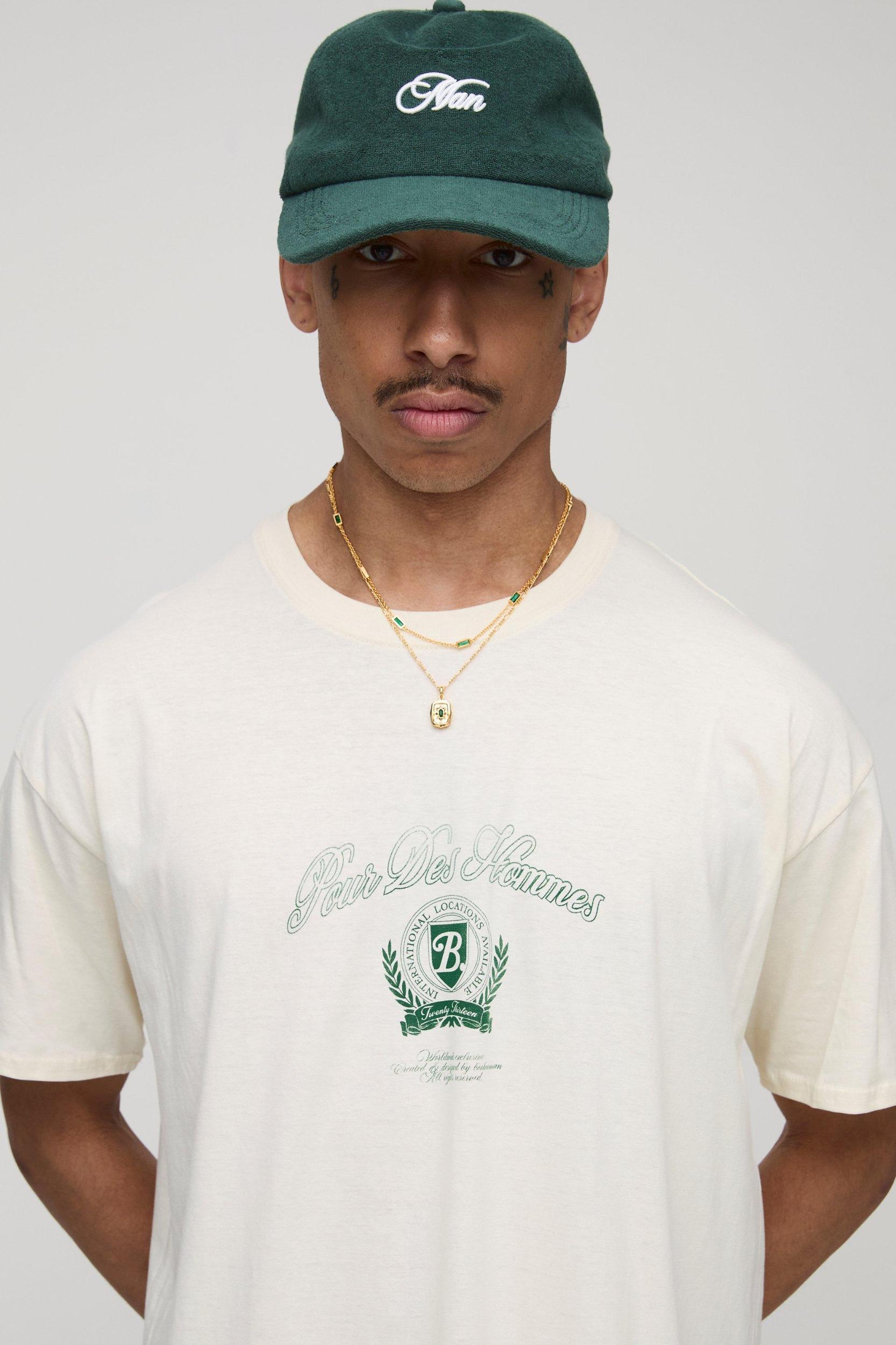 Ecru Oversized Pour Homme Crest Printed T-Shirt | boohooMAN USA Product Image