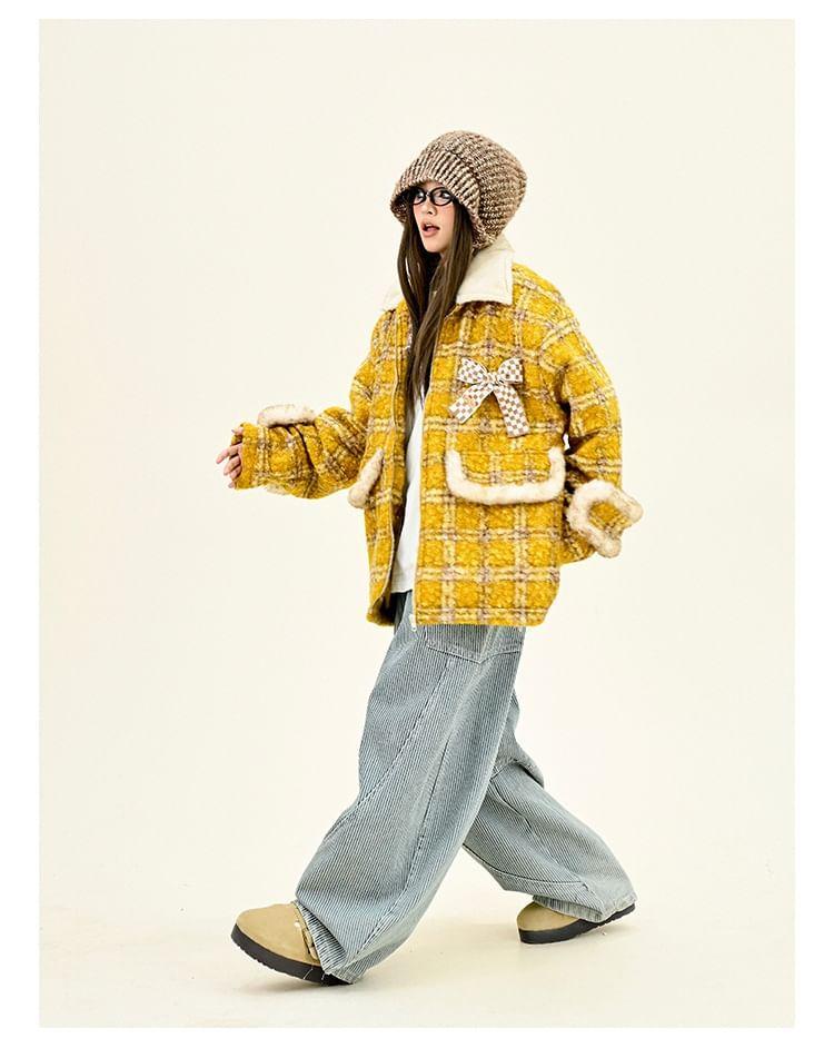 Lapel Collar Plaid Bow Detail Oversized Zip Coat Product Image
