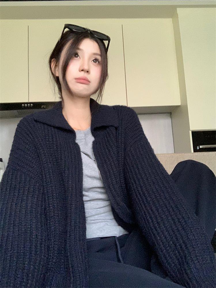 Long-Sleeve Round Neck Plain Slim Fit Tee / Ribbed Zip Cardigan / Drawstring Waist Wide Leg Pants Product Image