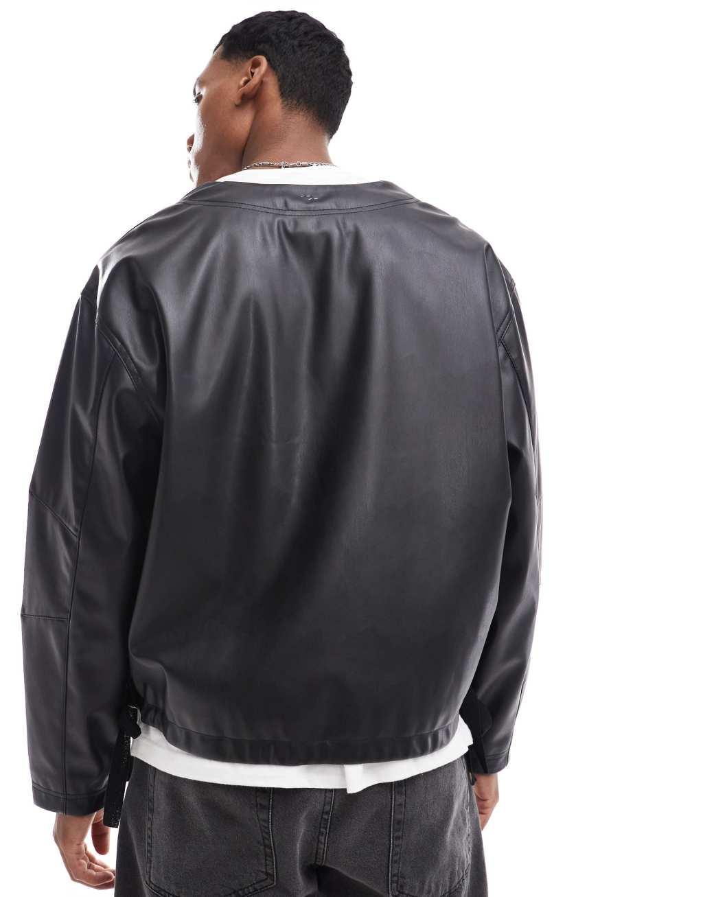 ASOS DESIGN faux leather boxy oversized jacket in black Product Image