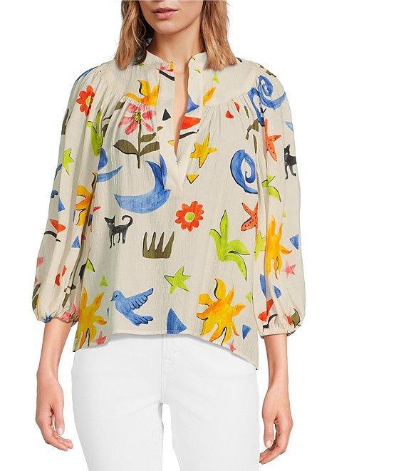 COREY LYNN CALTER Corinne Printed Gauze Split V-Neck 3/4 Sleeve Blouse Product Image