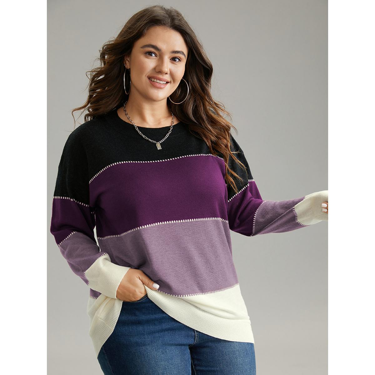 Plus Size Supersoft Essentials Colorblock Contrast Round Neck Pullover Purple Women Casual Loose Long Sleeve Round Neck Everyday Pullovers BloomChic 18-20/2X Product Image