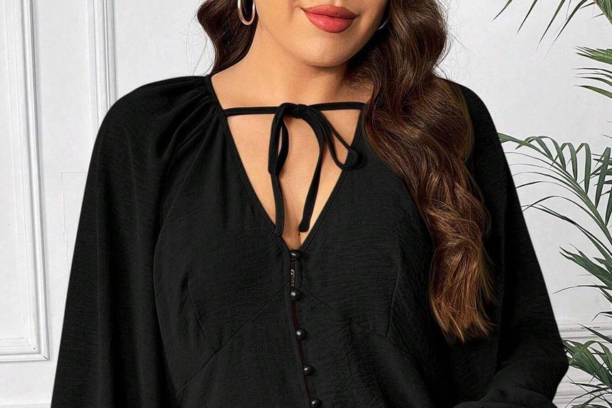 Plus Size Long-Sleeve V-Neck Plain Blouse Product Image